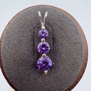 VTG Solid Sterling Silver 925 Amethyst Three Stone Pendant Size 1" Length